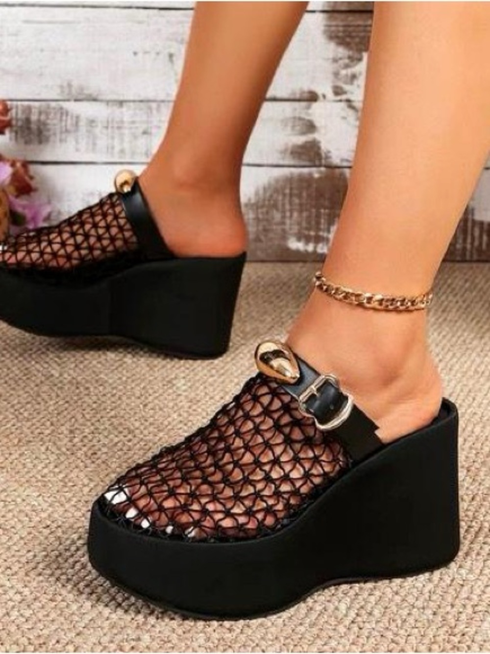 Brand New Black Woven Platform Mules with Gold Buckle